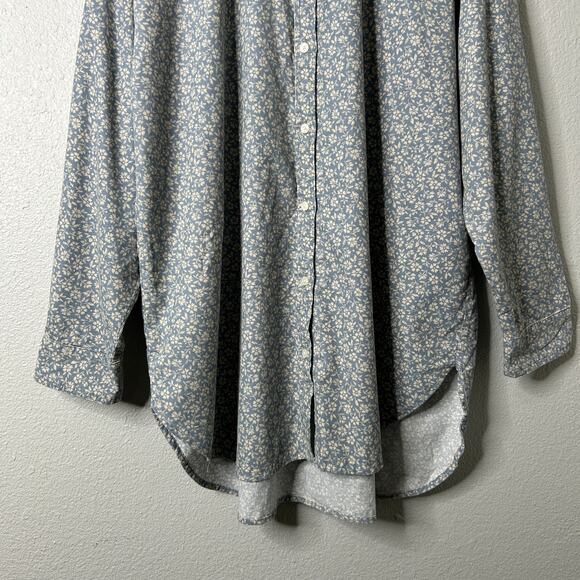 LOFT Floral Corduroy Tunic Button Up Shirt Blue Cream Size XXL - Picture 4 of 8